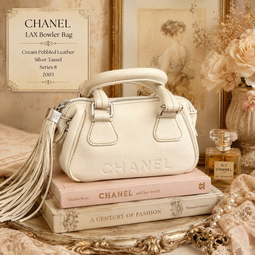 Chanel LAX Bowler Bag Cream Pebbled Leather Silver Tassel Series 8 2003